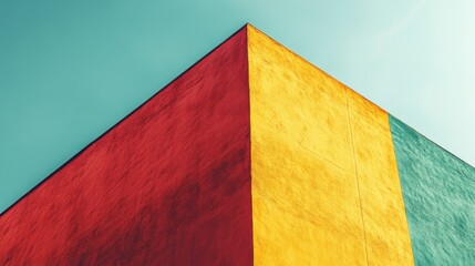 Poster - A vibrant, geometric wall showcasing red, yellow, and green colors against a clear blue sky.
