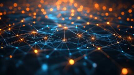 Poster - A vibrant digital network of interconnected lines and nodes, showcasing a blend of blue and orange lights against a dark background.