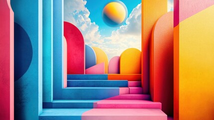 Poster - A vibrant abstract scene featuring colorful geometric shapes, steps, and a bright sky with a large sun-like orb, creating a surreal and imaginative atmosphere.