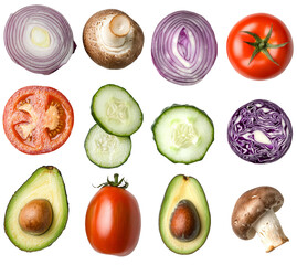 Poster - Colorful isolated minimalist mockups of fresh vegetables arranged neatly on a white background showcasing their natural textures and forms