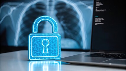 Poster - Blue Padlock Icon Over Computer Screen with Abstract Background