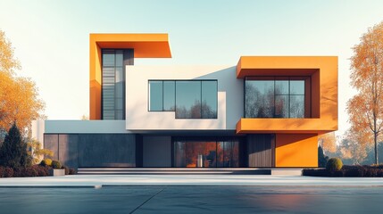 Poster - A modern, angular house design featuring bold orange accents and large windows, surrounded by autumn foliage and a clean pathway.