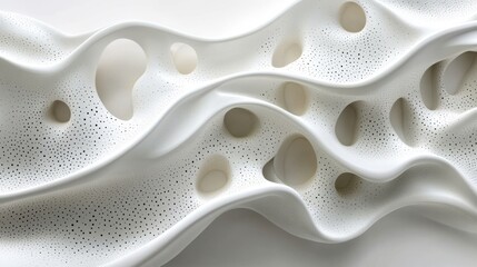 Poster - A flowing, sculptural white surface with organic holes, showcasing a modern and minimalist design, emphasizing texture and form.