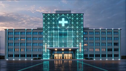 Poster - Futuristic Medical Building with Cyber Grid Design at Dusk