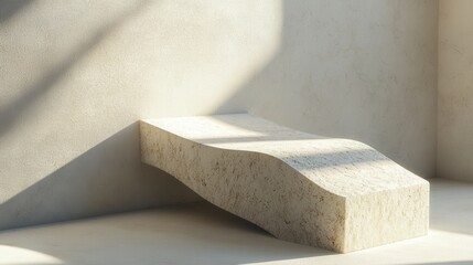 Poster - A minimalist stone bench in a softly lit room, showcasing organic curves and textures against a neutral background.