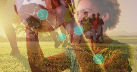 Poster - In school, child watching animation of network connections with soccer players