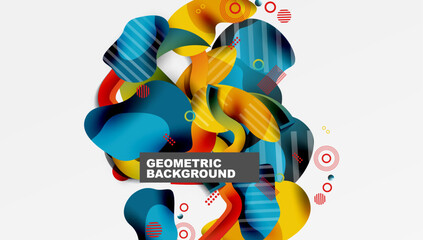 Aufkleber - Abstract composition featuring overlapping colorful shapes. Blue, yellow, red gradients create dynamic visual texture. Modern design with geometric elements, circles, lines.