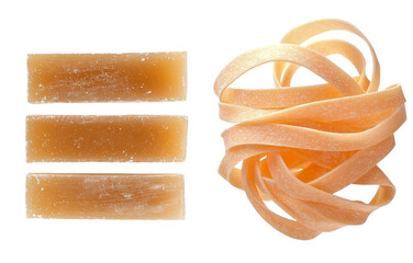 Poster - Minimalist mockups featuring isolated caramel candy strips and ribbons on white background displaying texture and shape