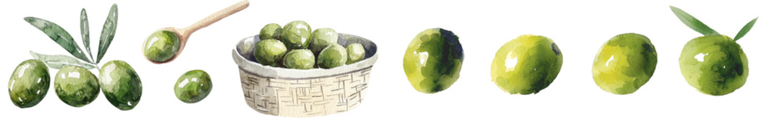 Poster - Minimalist mockup showcasing isolated green olives in a basket and on a wooden spoon for culinary inspiration