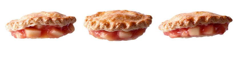 Poster - Isolated minimalist mockups of delicious apple and strawberry pastries on a clean white background showcasing texture and freshness