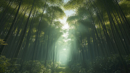 Poster - serene bamboo forest with tall green stalks, sunlight filtering through leaves, creating tranquil atmosphere. scene evokes sense of peace and natural beauty