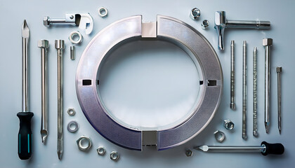 Aufkleber - A collection of metallic tools arranged around a circular object on a light blue background, showcasing various types of hardware and fasteners