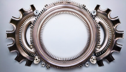 Poster - Intricate metallic gears arranged in a circular pattern, showcasing industrial design and mechanical artistry against a neutral background