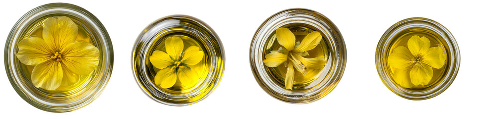 Poster - Unique minimalist mockups featuring jars of yellow flowers suspended in oil on a white background for design inspiration
