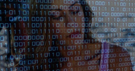 Poster - Animation of binary code overlaying woman thinking, symbolizing digital technology