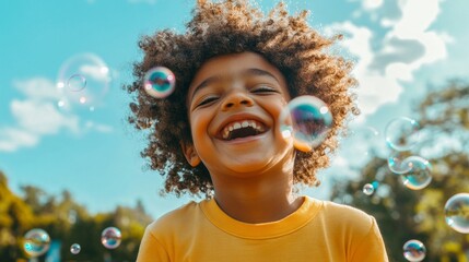 Poster - A cheerful child is playing in a vibrant park, surrounded by soap bubbles that shimmer in the sunlight. The joyous laughter of the little one radiates happiness, creating a magical atmosphere