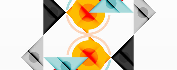 Aufkleber - Geometric abstraction features repeating shapes. Triangles, circles, arcs create symmetrical pattern. Colors include orange, gray, light blue, black. Minimalist design, clean lines, modern aesthetic.