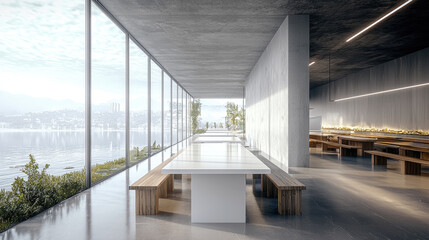 Poster - modern restaurant interior featuring large windows that offer stunning view of lake and mountains. space is designed with minimalist furniture, including long wooden benches and sleek white tables