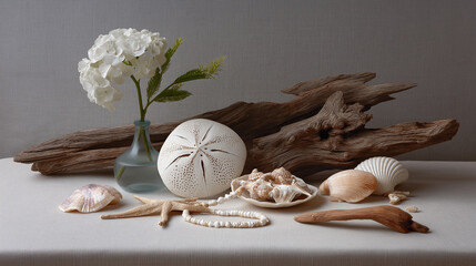 Poster - A calming still-life of coastal treasures: sand dollars, pearl-toned shells, weathered driftwood on pale linen