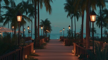 Poster - A coastal boardwalk at dusk lit with lanterns, surrounded by palm trees and soft sea breeze