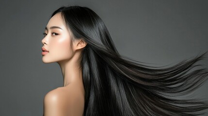 Poster - Bathed in gentle light, a graceful Asian model highlights her flowing hair, capturing an aura of elegance and confidence. The minimalist background enhances her captivating presence