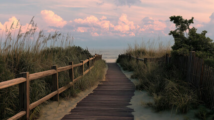 Poster - A serene boardwalk leading to the beach, surrounded by dune grasses and weathered wooden fences, under a cotton candy sky
