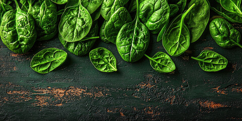 Poster - Fresh spinach leaves arranged on rustic wooden surface create vibrant and healthy display. rich green color and texture evoke sense of freshness and vitality