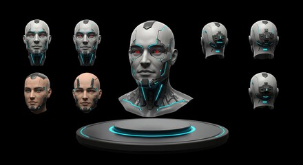 Aufkleber - Detailed 3D Render of a Futuristic Cyborg Head with Red Eyes Displaying Multiple Views on a Dark Background