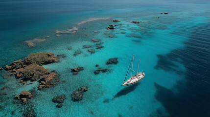 Poster - Aerial view of turquoise ocean water with scattered coral reefs and a lone sailboat casting a perfect shadow below 
