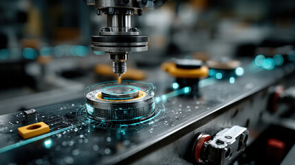 Poster - futuristic manufacturing process is depicted with robotic arm and holographic interface, showcasing advanced technology modern factory setting. scene highlights precision engineering