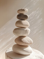 Poster - serene arrangement of smooth, stacked stones creates calming focal point, showcasing natural textures and soft colors. gentle shadows enhance peaceful atmosphere