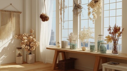 Aufkleber - Boho coastal corner with hanging macrame, sea glass jars, and dried coastal flowers in natural sunlight
