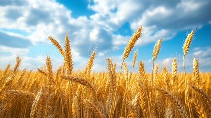 Aufkleber - Golden wheat sways gently in the warm breeze, illuminated by the bright sun. Fluffy clouds drift lazily above in a vast blue sky, creating a serene and idyllic atmosphere in this summer landscape