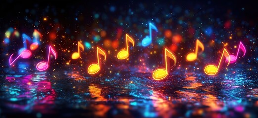 Poster - Colorful musical notes floating on shimmering water surface with vibrant bokeh background