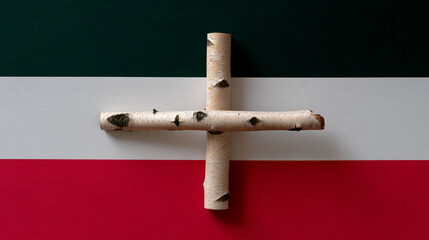 Poster - Birch wood plus sign on green white and red background creative nature art design photography