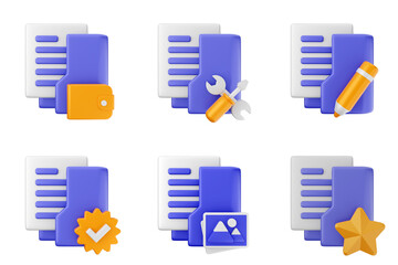 Fototapete - 3d file folder document information archive icon set bundle