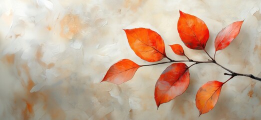 Poster - Vibrant orange leaves on branch against textured background in warm tones