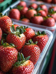 Poster - Fresh organic strawberries are beautifully arranged clear containers, showcasing their vibrant red color and green leaves. image evokes sense of freshness and healthiness, perfect for any culinary