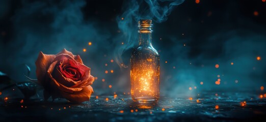 Poster - Magical glass bottle with glowing particles and rose in mystical atmosphere