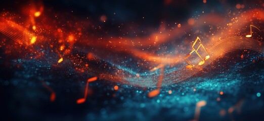 Poster - Abstract music background with glowing notes and vibrant colors in motion