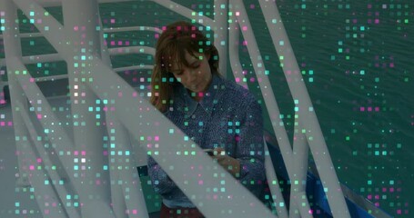 Poster - Woman using smartphone on boat with colorful digital data animation overlay