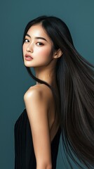 Poster - Posing gracefully, the Asian model highlights her stunning features and long, flowing hair in a sophisticated setting. The calm backdrop enhances her natural beauty and elegance effortlessly
