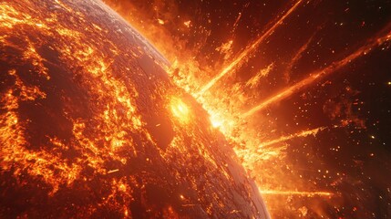 Poster - Space scene featuring Earth and the Sun, with solar flares bursting from the surface, illuminating the plane curvature.