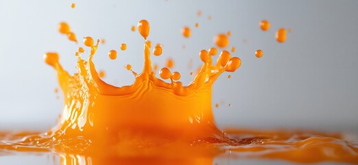 Poster - Vibrant orange liquid splash creating dynamic droplets against a soft background
