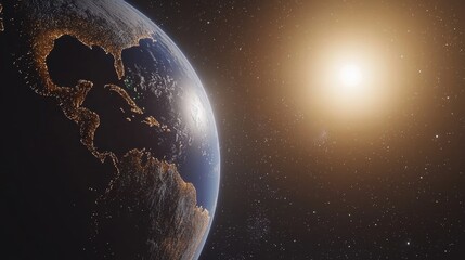 Poster - Space scene featuring Earth and the Sun, with solar flares bursting from the surface, illuminating the plane curvature.