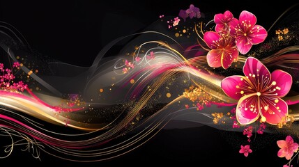 Poster - Square digital artwork of golden and pink blossoms over a sleek black background, modern and luxurious.