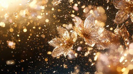 Poster - Square digital artwork of golden and pink blossoms over a sleek black background, modern and luxurious.