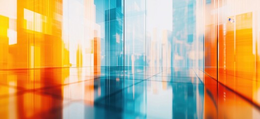Poster - Abstract futuristic cityscape with vibrant colors and reflections in glass structures