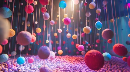 Poster - A surreal dreamscape of fluffy, pastel-colored balls suspended in midair by strings.