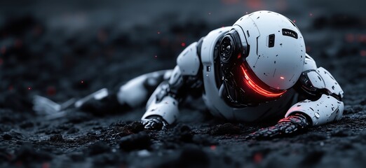 Poster - Futuristic robot crawling on dark terrain with glowing red eyes and detailed design